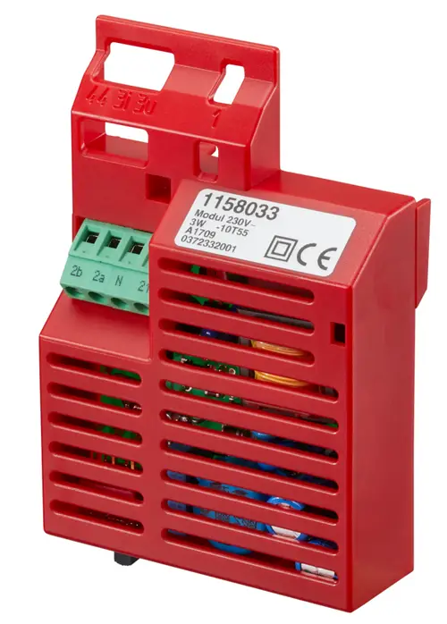 Rotes Anschlussmodul mit Anschlussklemmen und Belüftungsschlitzen, Teil des Oventrop-Systems zur Steuerung von Heizaktoren.